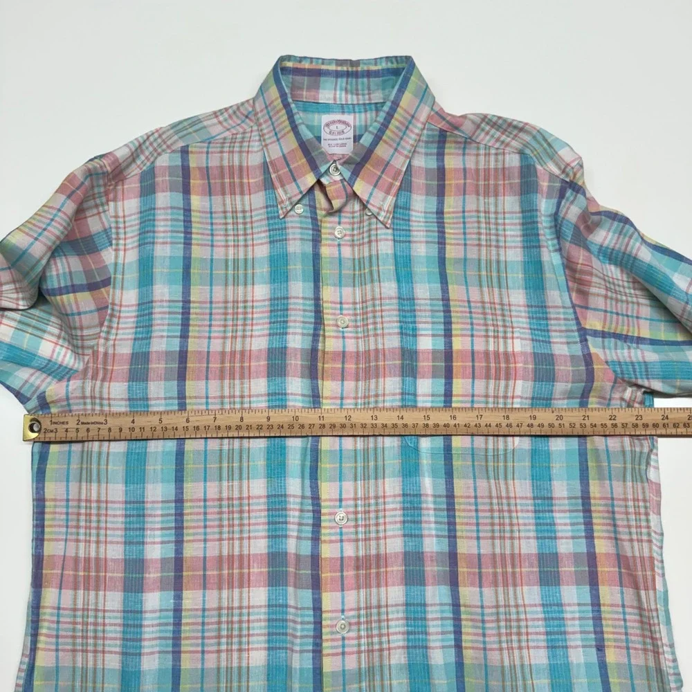 Brooks Brothers Men Large Button Down Shirt Pastel‎ Plaid Irish Linen Coastal
